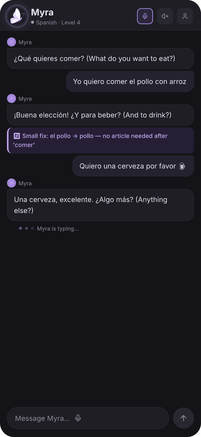 Myra AI language tutor chat showing a Spanish conversation with inline grammar corrections