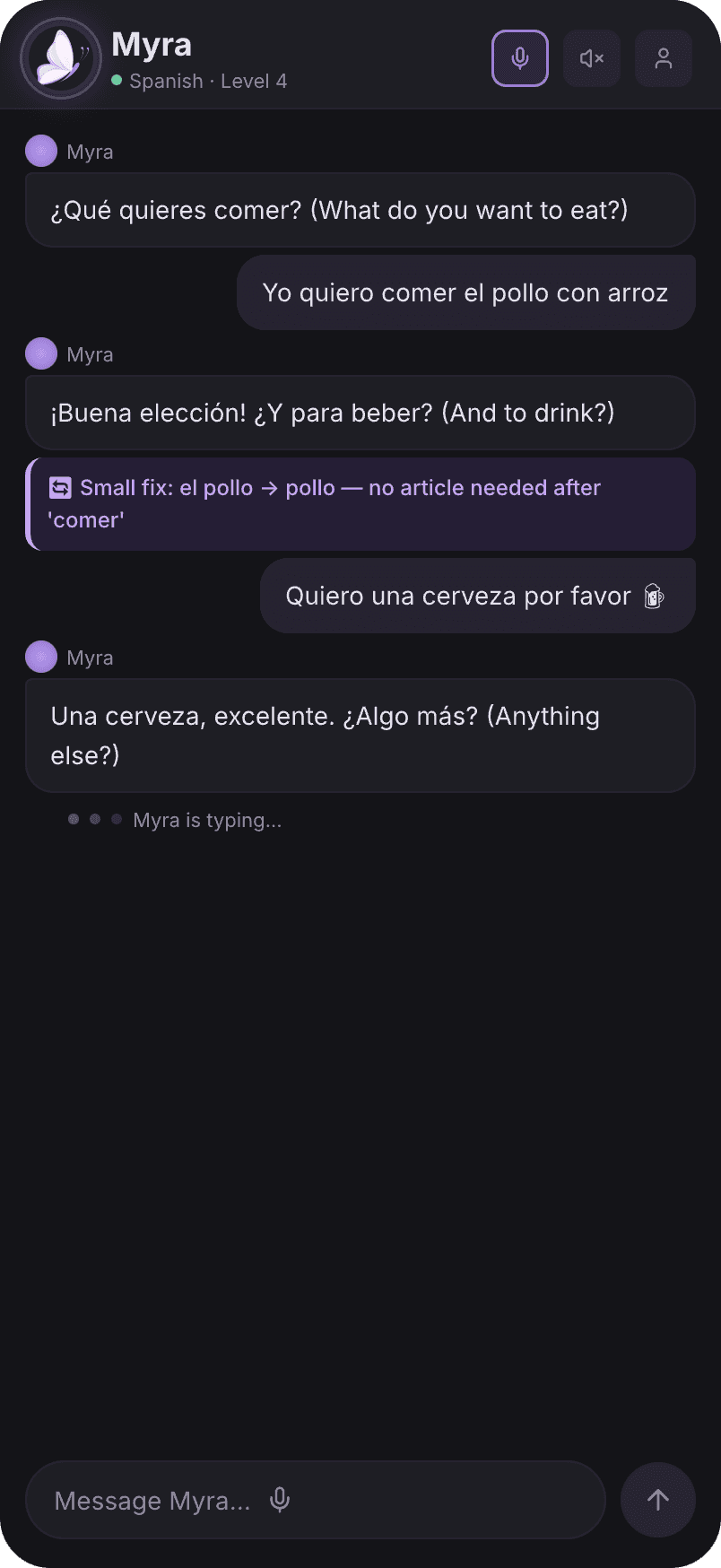 Myra AI language tutor app showing a Spanish conversation with real-time grammar corrections