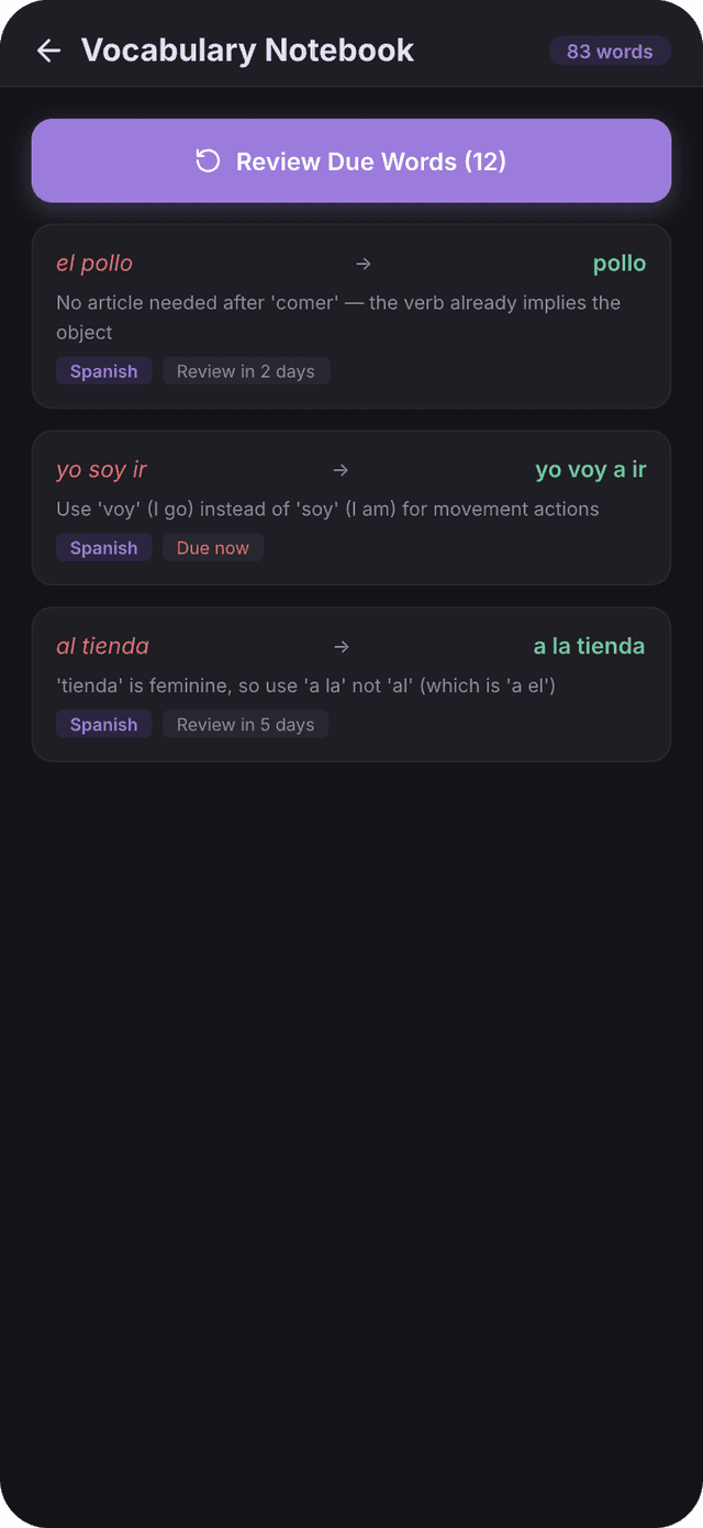 Myra vocabulary notebook with spaced repetition corrections and grammar explanations