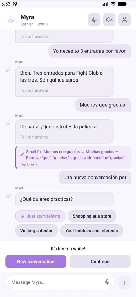 Myra chat — practicing Spanish conversation